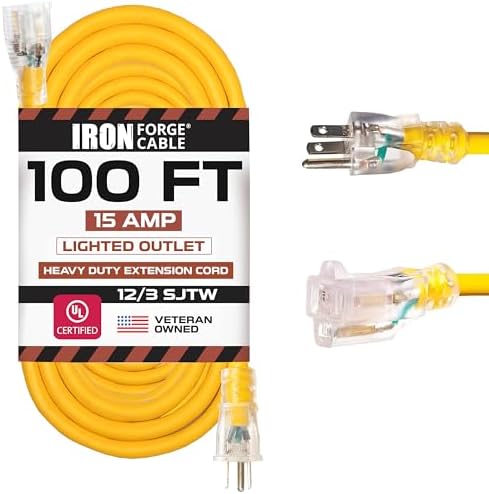 IRON FORGE CABLE 100 Foot Outdoor Extension Cord - 12/3 SJTW Heavy Duty Yellow 3 Prong Extension Cable, 15 AMP - Great for Garden and Major Appliances by IronForgeCable