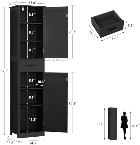 TEENFON Tall Bathroom Cabinet, Storage Cabinet with 6 Shelves & Drawer - Image 3