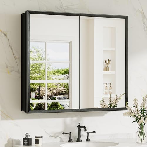 TokeShimi 30 x 26 Medicine Cabinet Mirror for Bathroom, Assembly Required, Black Recessed Medicine Cabinet with Mirror, Stepless Adjustable Shelves, Beveled Aluminum Frame, Tempered Glass by TokeShimi