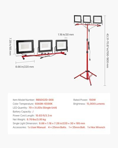 VEVOR LED Work Light with Stand, 15000 Lumens, Three-Head Portable Camping Light with Individual Switch, Tripod Stand, 10.83 ft Power Cord, for Indoor Outdoor Job Site Construction, IP65 Waterproof - Image 7