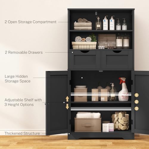 Iwell Tall Storage Cabinet, Black Storage Cabinet & Adjustable Shelves, Bathroom Cabinet for Living Room, Dining Room, Entryway, Black - Image 4