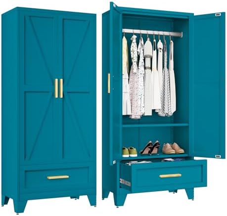 Baborokic Metal Wardrobe Cabinet,71 Armoire Wardrobe Closet with Drawers and Hanging Rod,Metal Armoire with Adjustable Shelves for Closet,Bedroom,Farmhouse Storage Cabinet with Drawer(Blue) by Baborokicforyournewlife