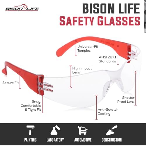 BISON LIFE Clear/Red Safety Glasses for Men & Women, ANSI Z87.1, 6 Pack - Image 3