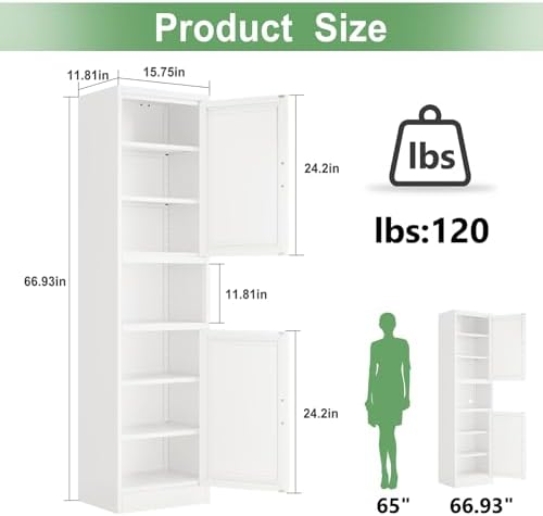 Ckzbx Tall Narrow Storage Cabinet 66.93" H Tall Bathroom Cabinets Metal Pantry Cabinet, 4 Adjustable Shelves for Kitchen, Home Office, Living Room, Dinning Room (16 inches Wide White) - Image 3
