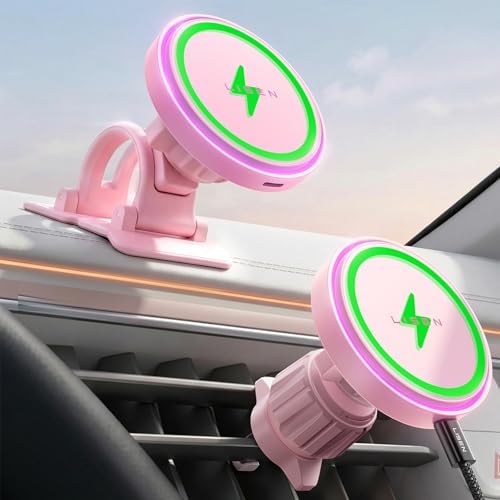 LISEN 15W MagSafe Car Mount Charger for iPhone 18 Pro Max, [Light Pink] Magnetic Wireless Car Charger, Dashboard & Air Vent Car Phone Holder Mount for iPhone 17-12, Samsung, Car Accessories for Women by Lisen