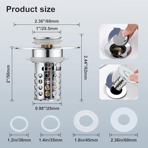 Bathroom Sink Drain Strainer, Universal Pop Up 3 in 1 Bathroom Sink Stopper with Removable Stainless Steel Filter Basket Drain Hair Catcher, Sink Plug for 1.1''~2.36'' Basin, Brass Bullet Core, Chrome - Image 5