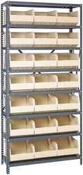 Quantum 1275-445IV Heavy Duty Shelving Unit with (8) Shelves and (21) SSB445 Ivory Bins for Garage Warehouse Storage Distribution | 400 lb Load Capacity | 12"D x 36"L x 75"H, Galvanized Carbon Steel by QuantumStorageSystems
