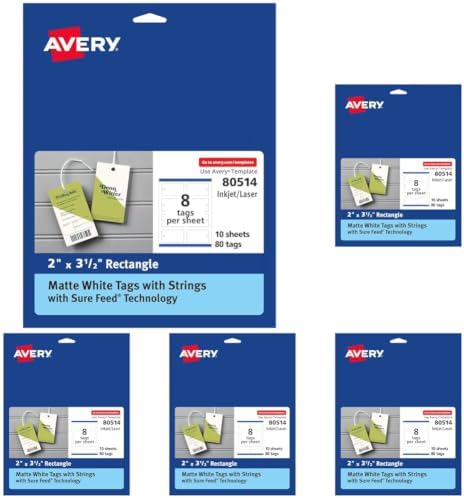 Avery Rectangle Tags, Sure Feed Technology, Matte White, Strings Included, 80 Total, Print-to-the-Edge, Laser/Inkjet Printable (80514), 2" x 3-1/2" (Pack of 5) by Avery