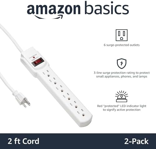 Amazon Basics Surge Protector Power Strip, 6-Outlet with 200J Protection, Circuit Breaker, LED Indicator, On/Off Switch, Wall-Mounting, 2ft Extension Cord, White, 2-Pack - Image 2