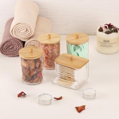 Tbestmax 4 Pack Qtip Holder Bathroom Container, 10/7oz Cotton Ball/Swabs Dispenser, Apothecary Jar with Bamboo Lids for Organizer and Storage (Beige) - Image 3