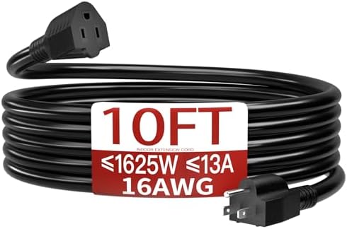 Skrizcable 16/3 Short Extension Cord 10 FT, Black Extension Cord Indoor by Skrizcable
