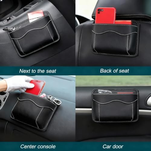 Car Seat Side Organizer, PU Leather Vehicle Storage Pocket, Universal Gap Filler for Auto Console Door Phone Document Sundries Organizer (Black) - Image 5