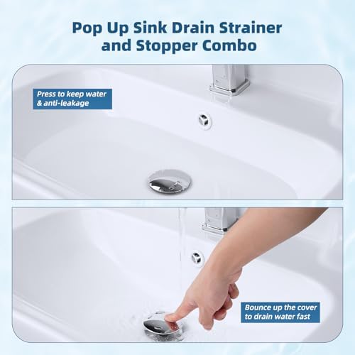 Hibbent Upgraded 3 in 1 Bathroom Sink Drain Strainer, Universal Pop Up Sink Stopper with Big Push Cap, Anti-Clogging Metal Filter Basket,Sink Plug with Hair Catcher for 1.1''~2.36'' Basin, Chrome - Image 5