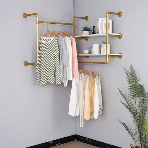 Industrial Pipe Clothing Rack Wall Mounted with 2 Wood Shelves, Heavy Duty Double Rod Garment Rack for Bedroom, Laundry Room & Retail Store, Gold, 59 Inch - Image 2