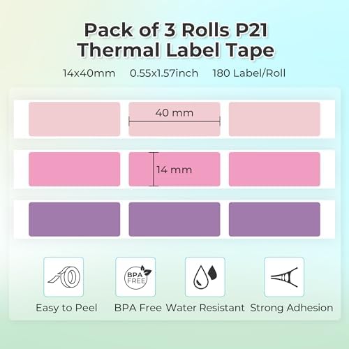 NELKO Genuine P21 Label Maker Tape,14x40mm, 3-Roll, Purple/Rose/Pink - Image 2
