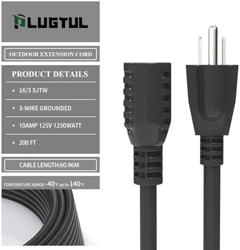 200 FT Outdoor Extension Cord | 16/3 Black Heavy Duty 3 Prong Extension Cord, 10A 1250W SJTW, ETL Listed, Great for Garden and Home - Image 3