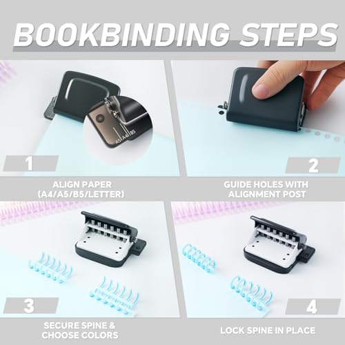 Spiral Binding Machine-Mini 6 Hole Puncher, DIY Creative Book Binder Machine for Planner, A4-30 Holes, A5-20 Holes, B5 26 Holes with 16 PCS 6-Hole Loose Leaf - Black - Image 4