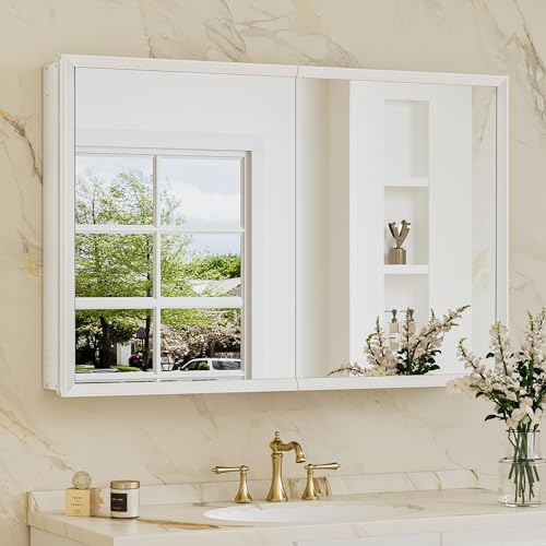 TokeShimi 36 x 24 White Recessed Medicine Cabinet with Mirror, Assembly Required, Bathroom Medicine Cabinet with Mirror, Stepless Adjustable Shelves, Beveled Aluminum Frame, DTC Hinge by TokeShimi