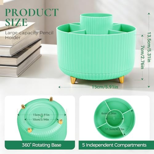 KONVINIT Pencil Pen Holder for Desk, 5 Slots 360-Degree Rotating Desktop Organizer, Cute Desk Organizers and Accessories for School, Home, Office and Art Supply, Mint Green - Image 2