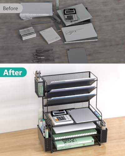 WALI Desk File Organizer, 7 Tier Desktop Paper Letter Tray Organizer with Drawer and 3 Pen Holders, Office Desk Accessories & Workspace Organizers for Office, Home, School Supplies, 1 Pack, Black - Image 6