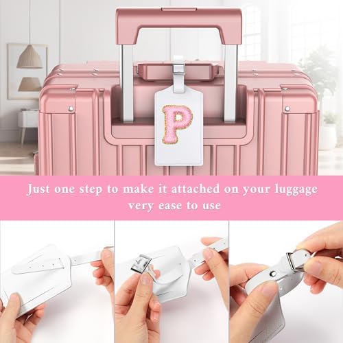 Sodsay 2 PCS Initial Luggage Tag, Luggage Tags for Suitcases Cute Embroidered Letter PU Leather Travel Bag Baggage Tags Privacy Cover ID Label for Women Kids Teens Men(P, White Leather+Pink Letter) - Image 5