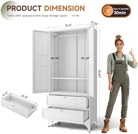 Letaya Metal Armoire Wardrobe Closet with Drawers,Clothing Storage Cabinet with Doors and Shelves,Coat Closet with Hanging Rod,Bedroom,Home,Cloak Room,White-71 H x 32" W x 18" D - Image 3