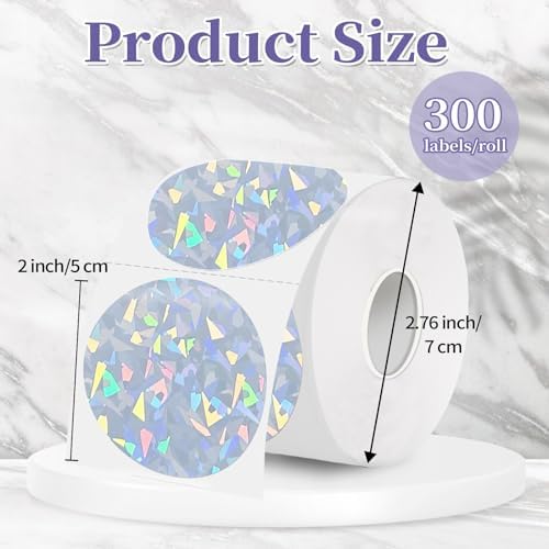 2 Inch Holographic Thermal Labels,Sliver Round Thermal Printer Labels,Printable Round Thermal Printer Labels Self-Adhesive Direct Thermal Label(300 Labels/Roll Glass) - Image 2