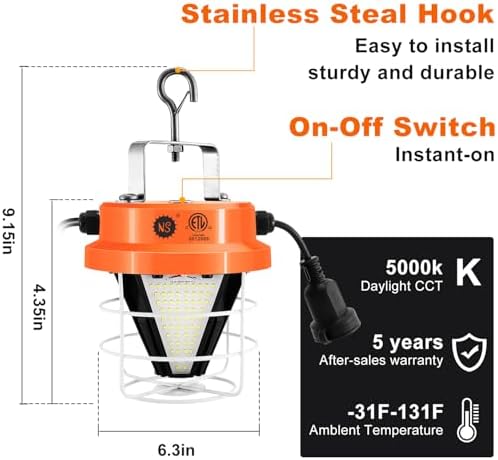NS 100W Led Temporary Work Light 15000LM Construction Lights 5000K Daylight White Portable Hanging Work Lights for Outdoor Indoor Garage Shop High Bay Warehouse Lighting - Image 2