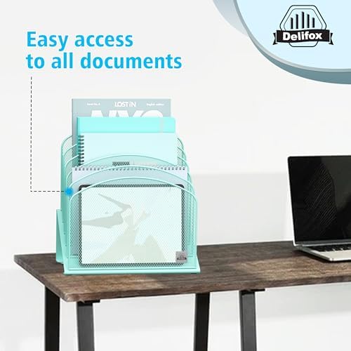 Delifox Inclined Desk File Organizer,Vertical File Folder Holder Stand Metal Rack File Sorter for Office Classroom Desktop Organization (1, Aqua, 5) - Image 5