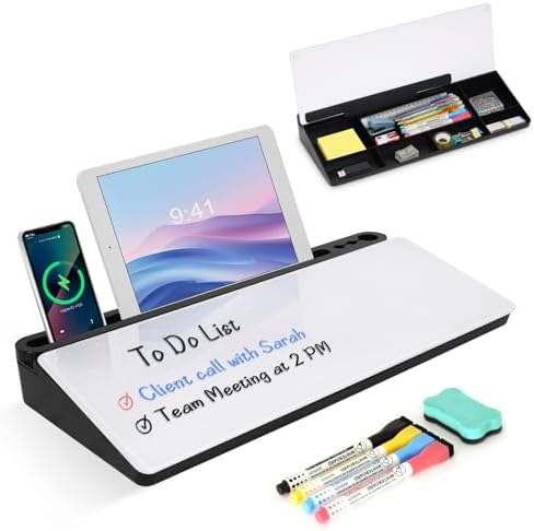 Desktop Glass Whiteboard with Storage, Desk Dry Erase White Board Stand by WALGLASS