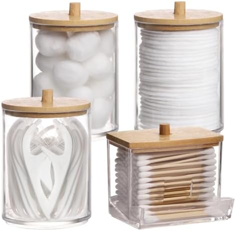 Tbestmax 4 Pack Qtip Holder Bathroom Container, 10/7oz Cotton Ball/Swabs Dispenser, Apothecary Jar with Bamboo Lids for Organizer and Storage (Beige) by Tbestmax