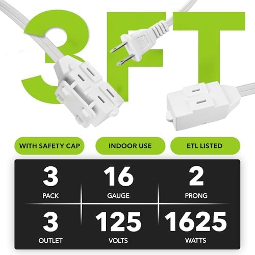 HBN 3-Pack 3 ft 3-Outlet Indoor Extension Cord 16/2 SPT-2, 2 Prong Polarized, Power Cord with Safety Plug Cap, for Homes, Kitchens & Offices, White - Image 3