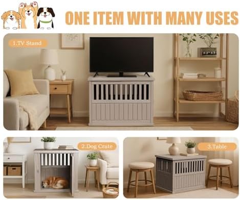 30 INCH Small Dog Crate Furniture Lockable Dog Kennel Indoor Dogs Cage Decorative Plastic Pet Cage End Table for Small/Medium Dogs,Grey - Image 3