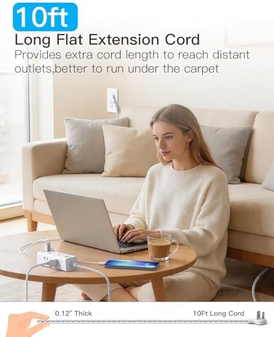 10Ft Flat Extension Cord with Multiple Outlets, Surge Protector Power Strip - Image 2