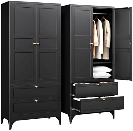 Letaya Metal Armoire Wardrobe Closet with Drawers,Clothing Storage Cabinet with Doors and Shelves,Coat Closet with Hanging Rod,Bedroom,Home,Cloak Room,Black-71 H x 32" W x 18" D by LetayaMetalCabinets
