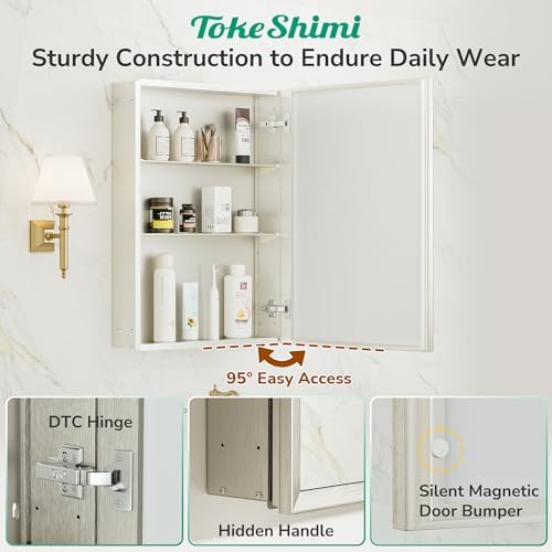 TokeShimi 16 x 20 Medicine Cabinet with Mirror, Assembly Required, Brushed Nickel Bathroom Recessed Medicine Cabinet with Mirror, Stepless Adjustable Shelves, Beveled Aluminum Frame, DTC Hinge - Image 6