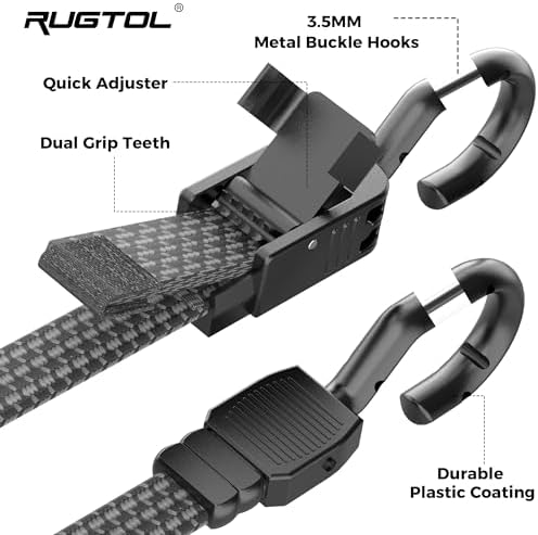Rugtol Bungee Cords with Hooks, 48 Inch Adjustable Flat Bungee Straps with Quick Release Buckle, Rubber Black Heavy Duty Elastic Cords with Metal Hooks for Bike Rack, Outdoor, Camping, Tarp, 6 Pack - Image 5