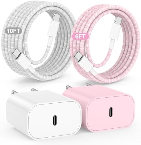 20W USB C Fast Charging for iPhone 17 Air/16/15 Pro Max,2Pack Colorful Mixed Charger Block with Braided Long USB C to C Cables (6/10ft) Compatible with iPhone16/15 Pro/15 Plus/iPad Pro by Hzevn