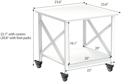 Printer Stand, 23.6 x 23.6 Inches Large Printer Stand with Storage Shelf, 2 Tier Printer Table for Home Office, Rolling Printer Cart with Industrial Wheels, Mini Fridge Stand Table, White - Image 6
