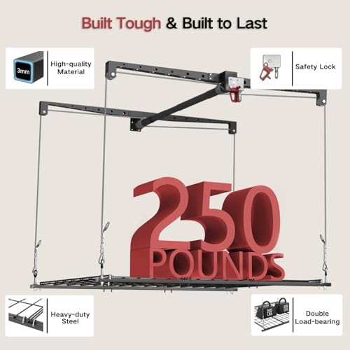 Overhead Garage Storage Rack for 10–12 FT Ceiling, Heavy-duty 4x4 FT Ceiling Storage Racks with Safety Lock, Ideal for Garage Storage Mounted Lift System and Storage Organizer, 250lbs Capacity - Image 5