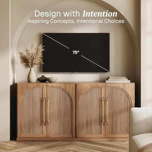 BELLEZE 65 Inch Sideboard Cabinet with Double-Arc Wood Doors, Large Buffet Cabinet with Storage and Adjustable Shelves, Classic Modern Console Table for Dining Room Living Room Entryway (Camel) - Image 4