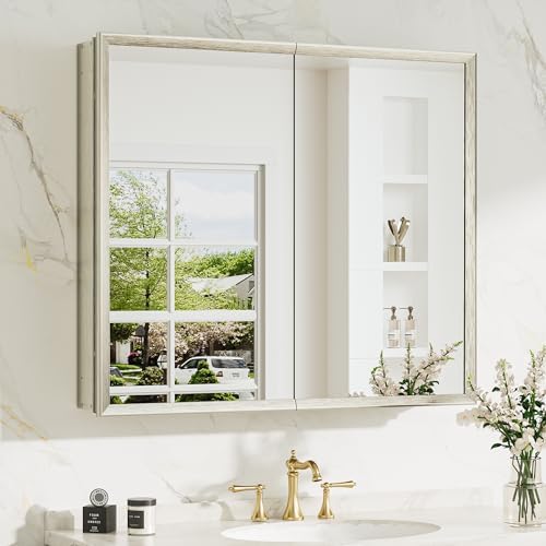 TokeShimi 30 x 26 Medicine Cabinet Mirror for Bathroom, Assembly Required, Nickel Recessed Medicine Cabinet with Mirror, Stepless Adjustable Shelves, Beveled Aluminum Frame, Tempered Glass by TokeShimi