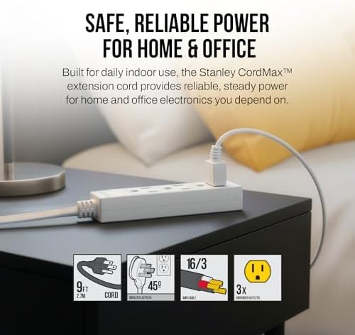 STANLEY CordMax Home Extension Cord 3 Grounded Outlets 9 Ft Flat Plug Design Flexible 125V/13A 1625W Cord ETL Listed White for Indoor Use - Image 2