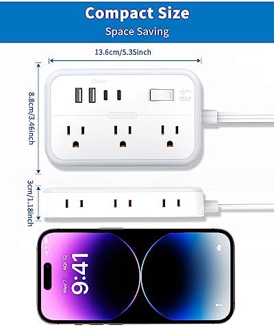 Power Strip with 6 Outlets 4 USB Ports(2USB C), Flat Extension Cord with Multiple Outlets, 1080 Joules, 5 ft Flat Plug Outlet Extender for Indoor, Office Supplies, Dorm Room Essentials - Image 6