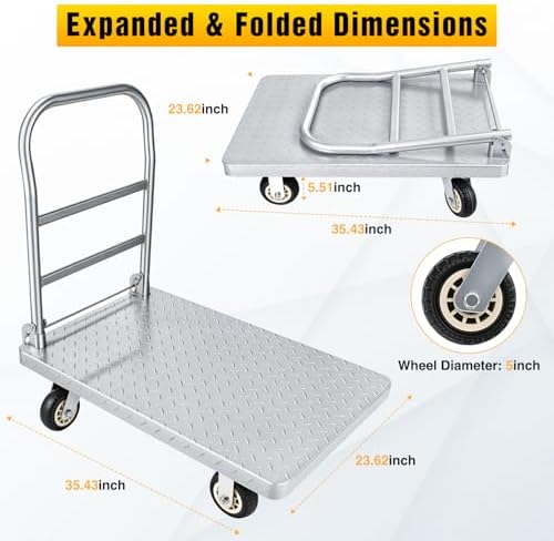 Stainless Steel Platform Cart 1320 lbs Heavy Duty Flatbed Push Dolly with 5 Inch Rubber Wheels 36 x 24 Inch Platform Truck for Warehouse Industrial Use Black - Image 2