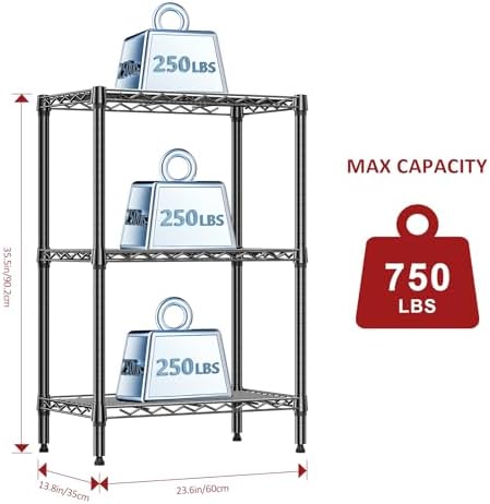 IZEUK 3 Tier Heavy Duty Steel Storage Shelves, Metal Shelf Wire Shelving Rack for Pantry, Kitchen, Cloakroom or Office Organization (13.8" D x 23.6" W x 35.5" H, 750LBS, Black) - Image 3