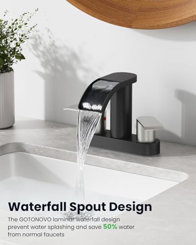 gotonovo 4’’ Centerset Bathroom Sink Faucet Waterfall Black&Brushed Nickel - Image 4
