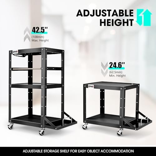 DNA Motoring Steel AV Cart 3-Layer Rolling Projector Utility Cart, 24" X 18" X 24.6"- 42.5" Height Adjustable, with Wheels, Pullout Keyboard Tray, Power Strip, Cord Management, TOOLS-00497 - Image 3