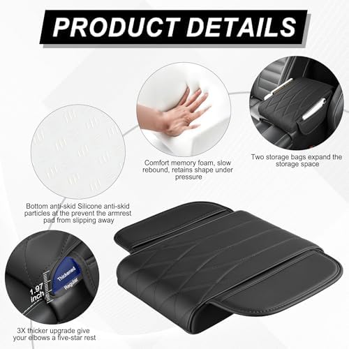 SINGARO Car Center Console Cover Pad, Universal Leather Waterproof Thick Arm Rest Cover for Car with 2 Storage Bags, Car Interior Accessories for Most Vehicles, Cars, SUVs, Trucks (Black) - Image 3