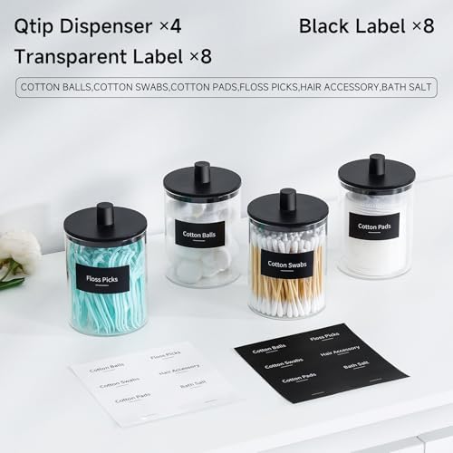 TIPGO Glass Qtip Holder Dispenser - 10 oz Clear Canister Apothecary Jar, Bathroom Vanity Storage Organizer Set for Cotton Swabs, Pads, Floss Picks, Small Containers for Makeup Storage (4 Pack, Black) - Image 2